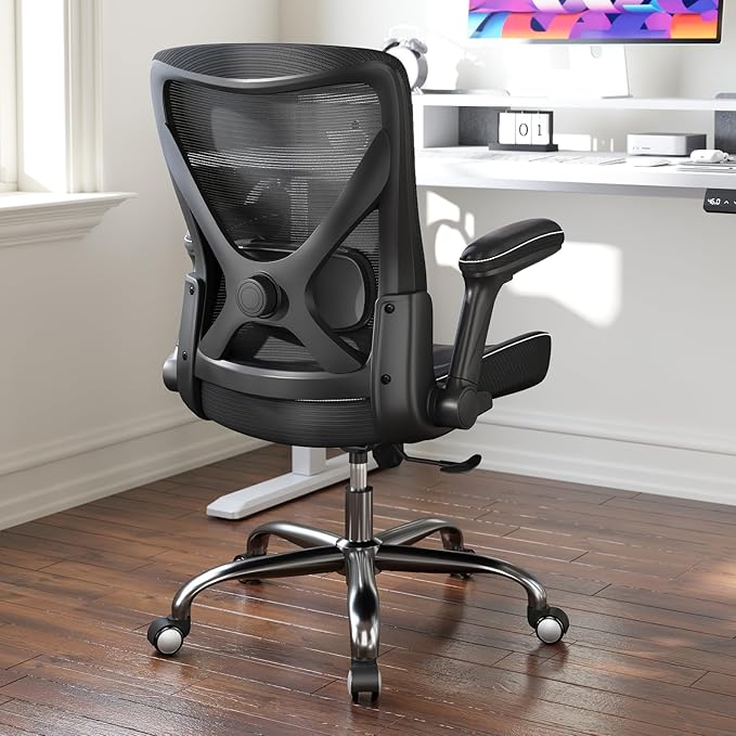 Office Home Ergonomic Desk Chair-Computer X-Shaped Chair Mesh PU Leather with Adjustable Lumbar Support-Executive Chair High Back Flip-Up Arms for Long Hours (Black-No Headrest)