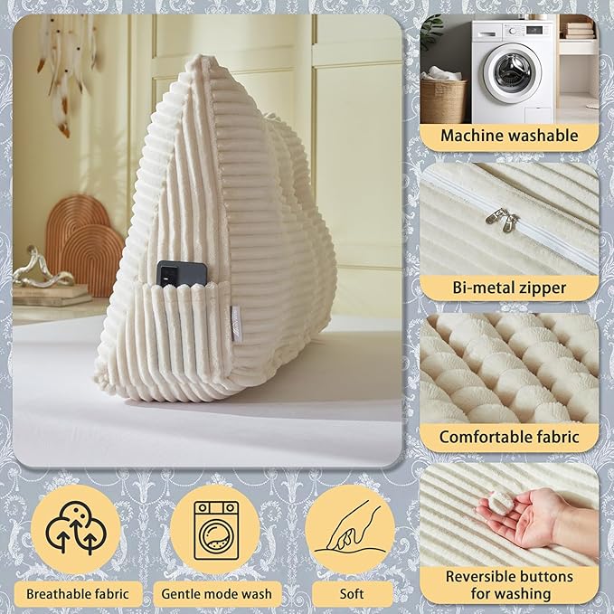 Headboard Wedge Pillow + A Long Neck Roll Pillow Body Pillow，Large Headboard Pillow with Removable Cover (Beige, King：76x8x20 inches)