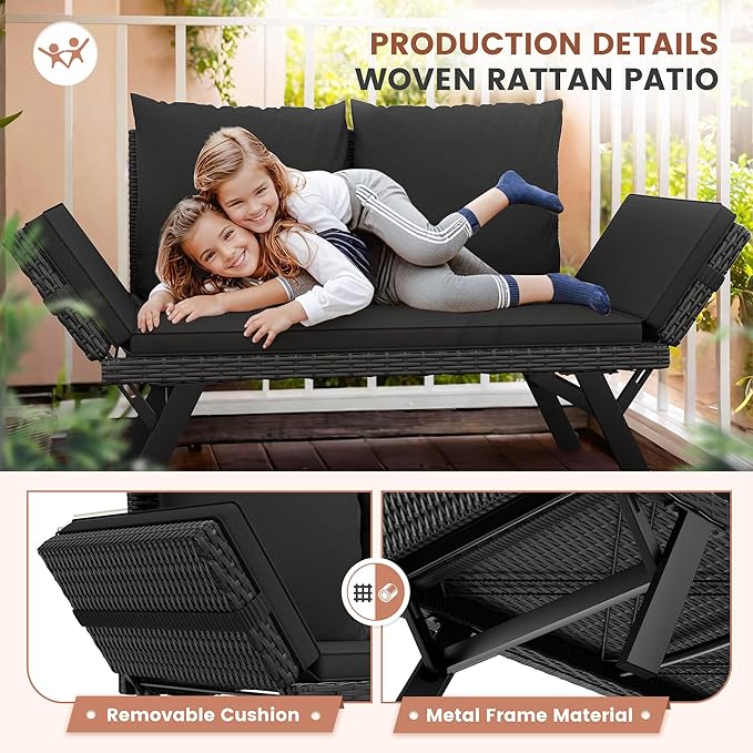 Flamaker Outdoor Convertible Sofa, Woven Rattan Patio Furniture Sunbed with Adjustable Armrests, Removable Cushions and Pillows for Patio, Porch, Pool (Black Lounger & Black Pillowcase)