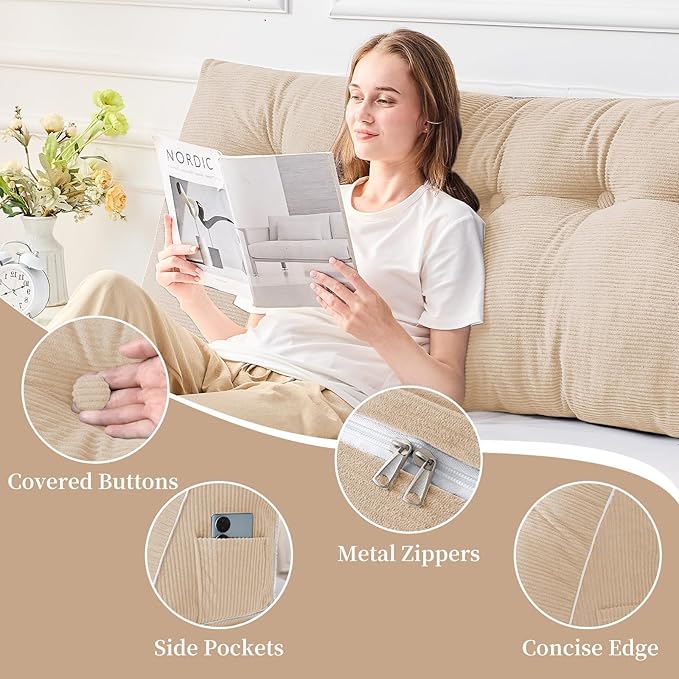 Sasttie Headboard Pillow King, Wedge Pillow Headboard for Sitting Up in Bed, Back-Rest Support Triangular Cushion for Reading - Features Removable Washable Cover, Beige