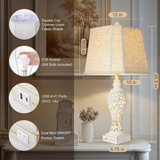 Vintage Table Lamps Set of 2, 28.5'' High Bedside Lamps with Fabric Shade, Farmhouse Nightstand Lamps with USB A+C Ports and Nightlight - Perfect for Living Room Bedroom Office Study (Bulb Included)