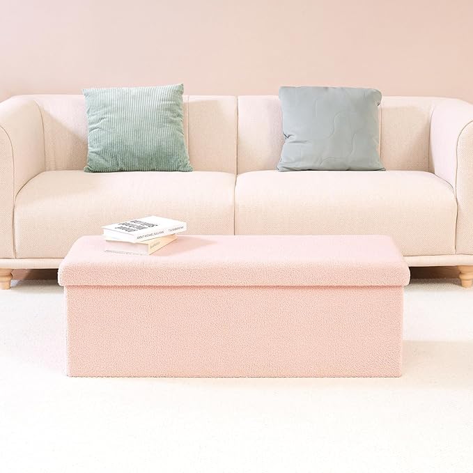 PINPLUS Storage Ottoman Bench Sherpa Foot Rest, Foldable Boucle Ottomans, Large Faux Teddy Fur Ottoman Storage Box Entryway Bench for Dorm, Pink, 43.3'' x 15'' x 15''