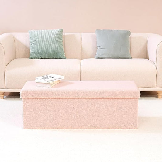 PINPLUS Storage Ottoman Bench Sherpa Foot Rest, Foldable Boucle Ottomans, Large Faux Teddy Fur Ottoman Storage Box Entryway Bench for Dorm, Pink, 43.3'' x 15'' x 15''