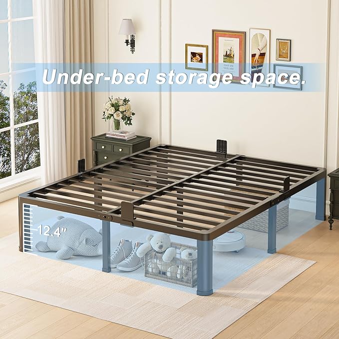14 inch Queen Bed Frame with Round Corner Legs Mattress Slide Stopper,3500 lbs Heavy Duty Metal Platform,Steel Slats Support,No Box Spring Needed,Easy Assembly,Noise Free