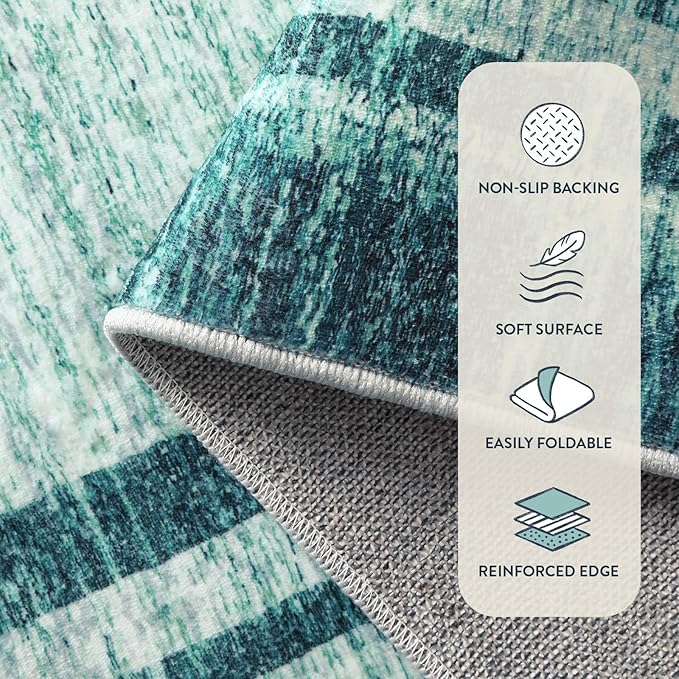 Lahome Abstract 9x12 Area Rug for Living Room, Washable Teal Rugs for Living Room Low-Pile Bedroom Rug, Minimalist Border Stain Resistant Large Room Carpet for Dining Room Kids Playroom