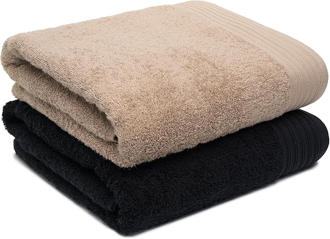100% Cotton Towels 35" X 70" | Black & Sand Towels Set of 2 Ultra Soft and Highly Absorbent Bath Towel Set Cotton, Gym, Hotel, Spa, Machine Washable