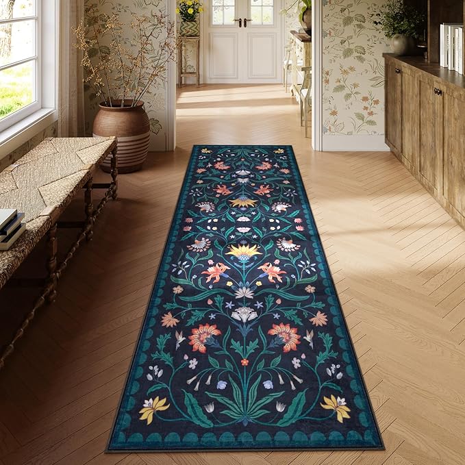 Lahome Boho Floral 2'6"x8' Washable Runners for Hallways, Kitchen Runner Rugs Non Skid Ultra-Thin, Soft Bathroom Rug Throw Carpet Runners for Bedroom Laundry Room (Dark Blue,2'6"x8ft)