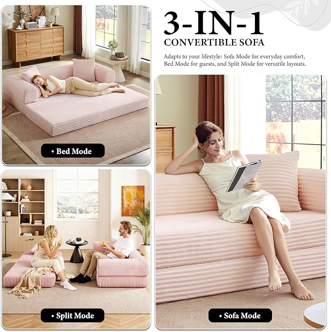 Boneless Couch Sofa Bed Sectional Couches for Living Room,Futon Cloud Couch with Sleeper Sofa,Sofas for Living Room Oversized Corduroy Upholstered (Pink)