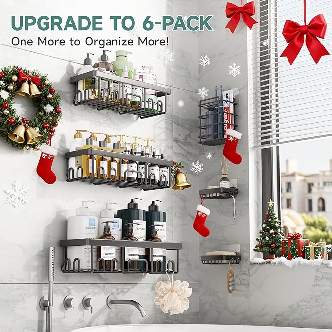 Veken Shower Caddy 6-Pack,Advanced Rustproof Design, No Drilling Adhesive Shelves, Rack with Soap Holder, Large Capacity Bathroom Organizers and Storage, Wall-Mounted Kitchen & Home Decor