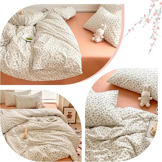 HighBuy Boho Floral Duvet Cover Full White Cotton Coquette Comforter Quilt Duvet Covers with Pink Floral,Garden Floral Bedding Set Full Lightweight Soft Cottagecore Duvet Cover Sets Cute