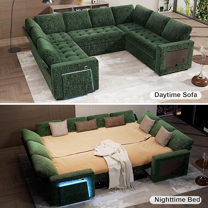 WEUP 8 Seat U Shaped Sectional Sleeper Sofa Bed with Pull Out Bed, Chenille Sectional Sleeper Couch with Adjustable Backrest, USB Ports, LED, Side Table, Tool-Free Assembly, Chenille Green
