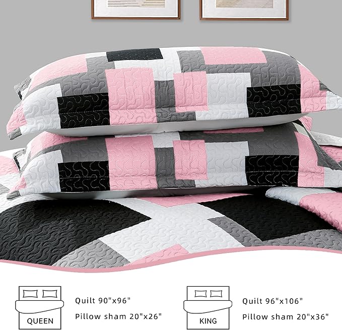 3 Piece Pink Grey Quilt Set King Size Pink Gray White Geometric Reversible Bedding Set Microfiber Lightweight Bedspread Coverlet with 2 Shams Modern Bed Cover for All Season, 106''x96''