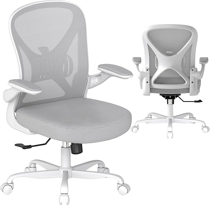 ZZH Ergonomic Office Chair with Adjustable Lumbar Support, Mesh Home Office Desk Chair with Wheels and Flip-up Arms, Grey