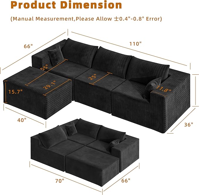 110" Cloud Couch Sectional for Living Room L-Shape Boneless Couches Modular Sectional Sofa with Deep Seat with Chaise,No Assembly Required,Carbon Black(Plush Corduroy Fabric)
