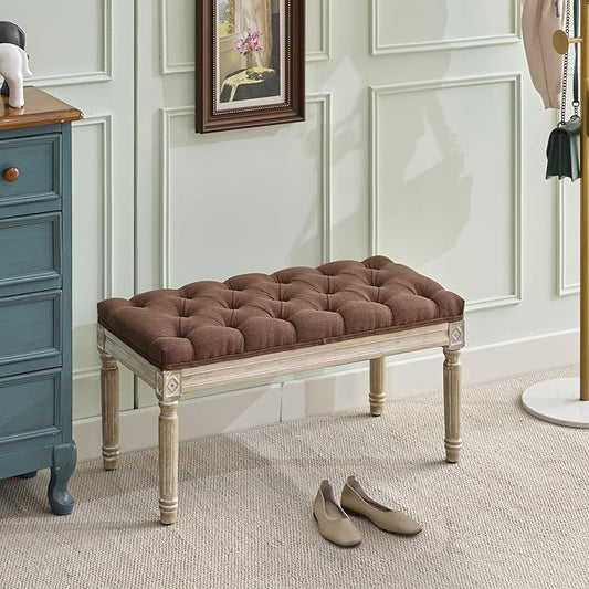 LOULENS French Vintage Bench, Linen Fabric Entryway Bench, Upholstered Tufted End of Bed Bench with Brushed Wood Legs, Brown