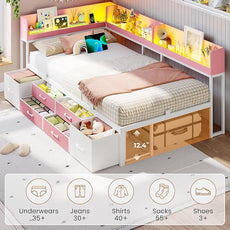 VIAGDO Corner Bed Frame with Storage Bookcase and 6 Drawers, Twin Metal Platform Corner Bed Frame with LED Lights and Charging Station, Twin Daybed for Kids Teenagers, Pink