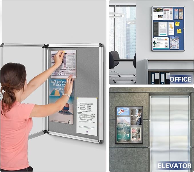 SWANCROWN Enclosed Bulletin Pin Fabric Boards Tamperproof Notice Case for Message Memo Photo,Grey,28x26inch (6xA4)