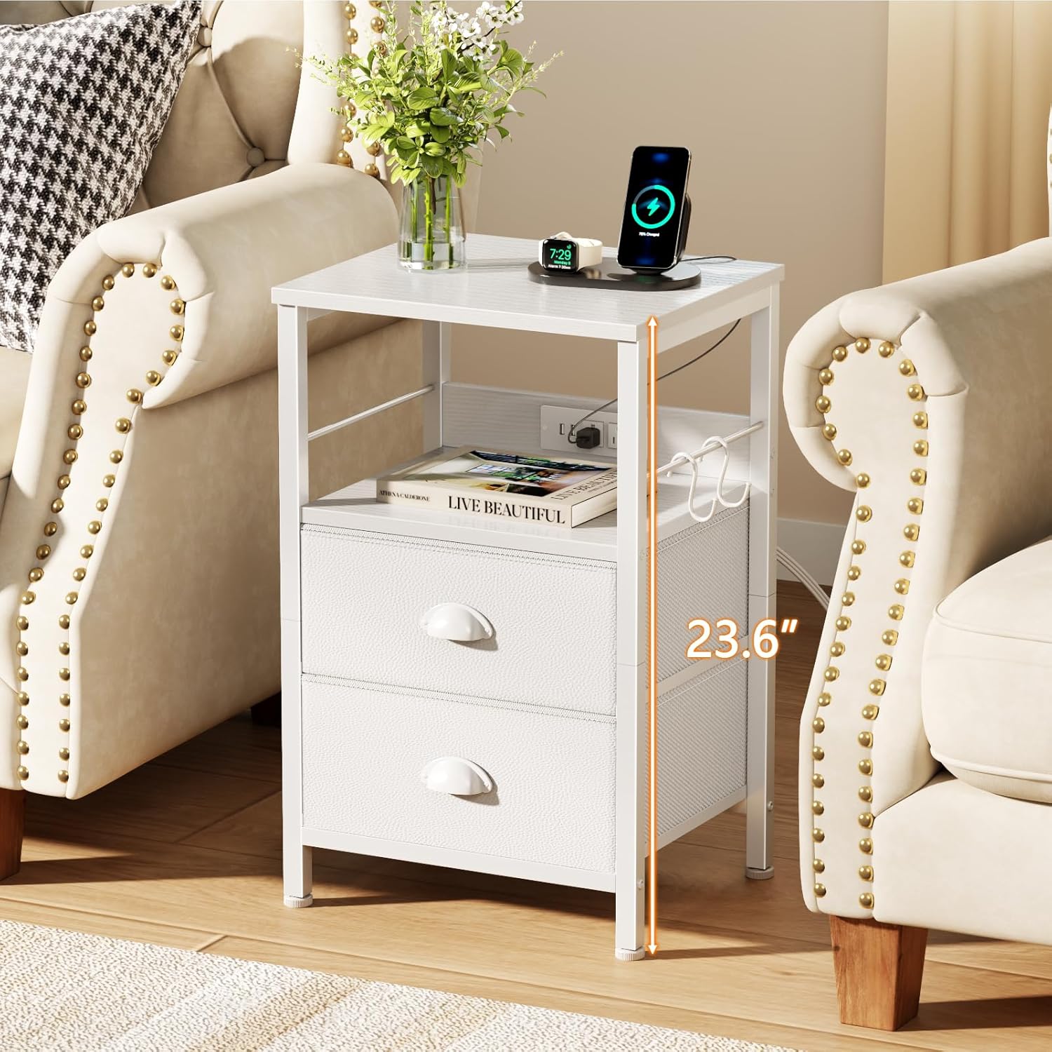 Furologee End Table with Charging Station, Nightstand with Fabric Drawers, Side Tables with USB Ports & Outlets, Night Stand with Storage Shelf & Hooks, for Living Room/Bedroom, White Dormly