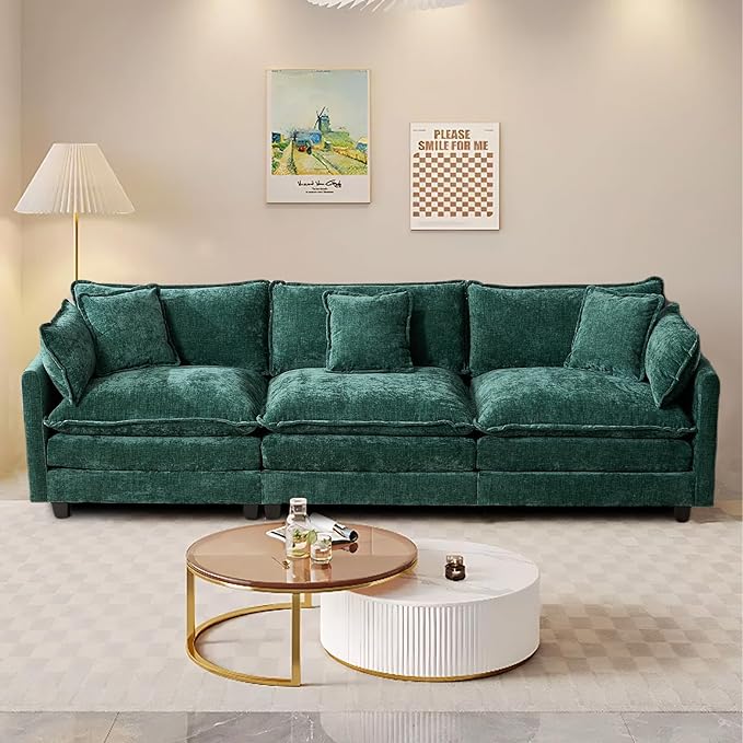 SoarFlash 113.78" Chenille Sectional Sofa, Comfy Modular Loveseat Sofa, Modern 3-Seat Couch Deep Seat Sofa Set for Living Room,Green