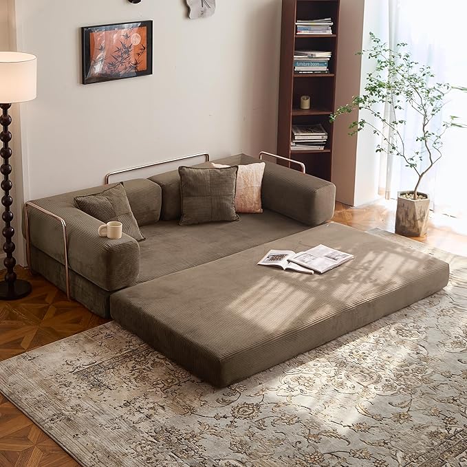 78.8" Convertible Sofa Bed -Compression Sofa with Corduroy Fabric - with Armrests and Backrest - Modular Sectional for Living Room, Bedroom, Studio - Compression Sofa in Box (Brown)