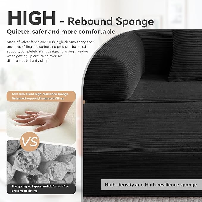 Upgrade High Backrest Design Sofa Bed with Fixed-Shape Frame & Removable Armrests and Backrest, Corduroy Fabric, Convertible Mattress Couch for Small Spaces - No Assembly Neede (High Backrest Black)