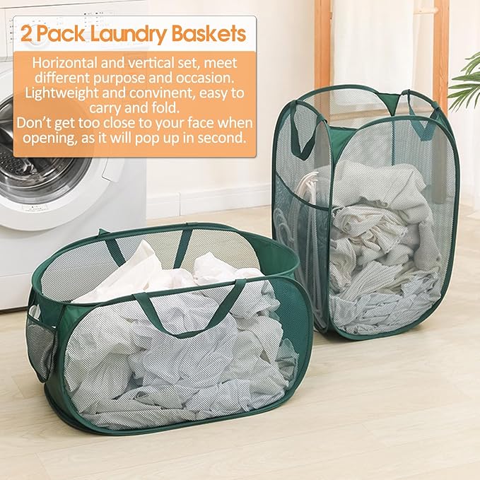 2 Pcs Durable Collapsible Laundry Baskets - Reinforced Mesh Pop Up Laundry Hamper with Pocket, Foldable Dirty Clothes Hamper with Carry Handles for Laundry, Bathroom, Kids Room, Dorm or Travel Green