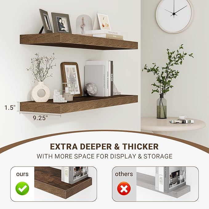 48 Inch Floating Shelves, 48"x9.25"x1.5" Inch Deep Floating Shelves for Wall, Wooden Shelves for Bathroom, Bedroom, Living Room, Brown, 1 Piece