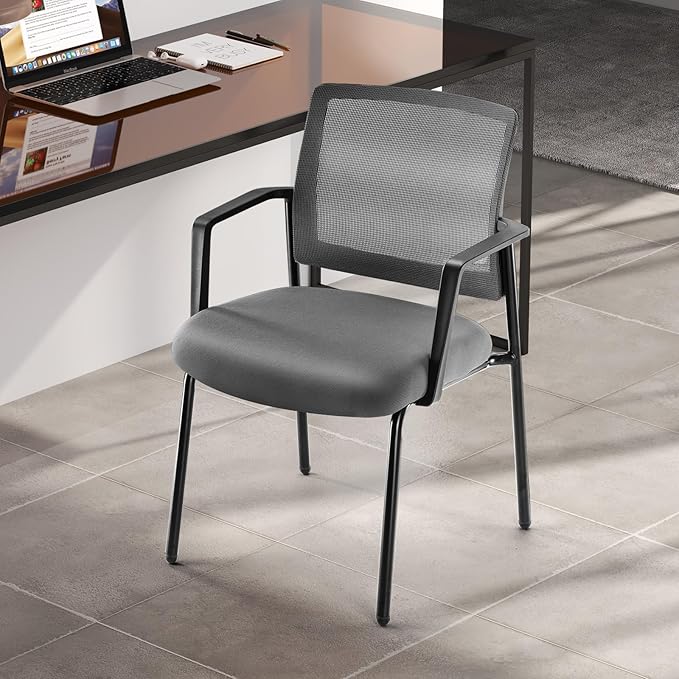 Sweetcrispy Mesh Back Stacking Arm Chairs 1 Pack, Upholstered Fabric Stack Chairs, Sturdy Metal, Easy to Use and Store, Outdoor and Indoor, for Home, Office, Party, Comfy, Grey