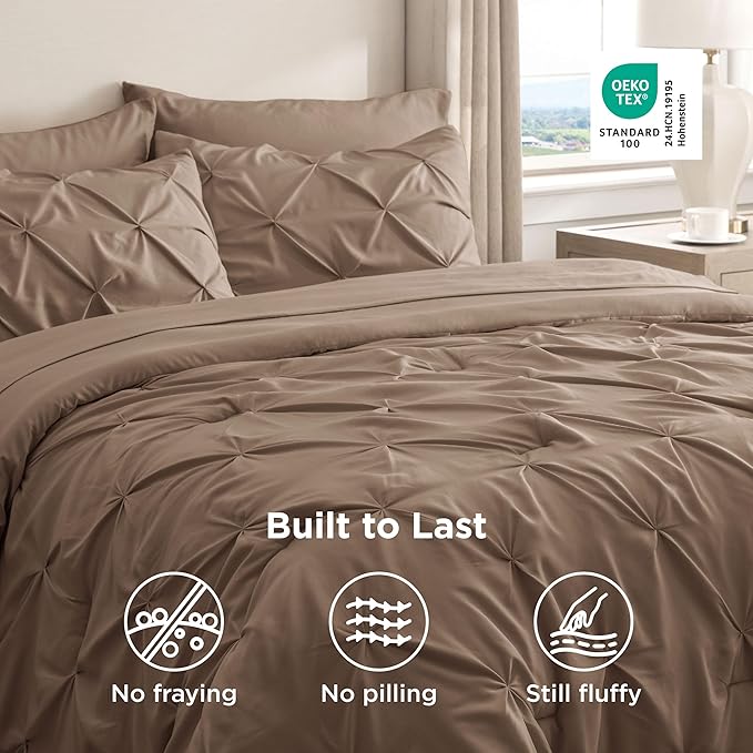Bedsure Twin Comforter Set Brown - Bed in a Bag Twin Size Bedding 5 Pieces, GentleSoft™ Pintuck Bed Set Gift for Family, Pinch Pleat Brown Comforter with Sheets, Pillowcase & Sham