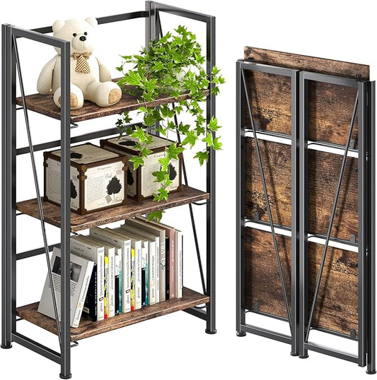4NM No Assembly Folding Bookshelf Storage Shelves 3 Tiers Vintage Bookcase Standing Racks Study Organizer Home Office (Rustic Brown Black)