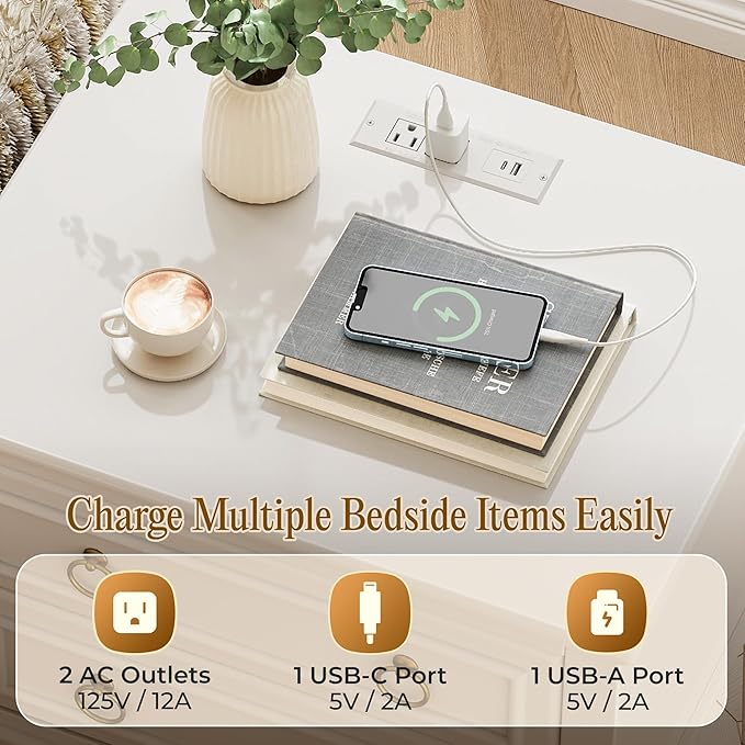 Huuger 27.6 Inch Tall Nightstand with Charging Station, USB-C Port, 2 Drawers Bedside Table, Larger Night Stand with 11.4 Inch Raised Legs, Painted Side Table End Table, for Bedroom, White