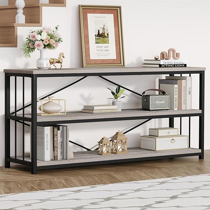 HSH Low Bookshelf, Wood Metal 3 Tier Long Horizontal Bookcase, Large Open Etagere Bookshelves with Storage for Bedroom, Farmhouse Wide Book Shelf for Home Office Living Room, Light Grey Oak, 70 Inch