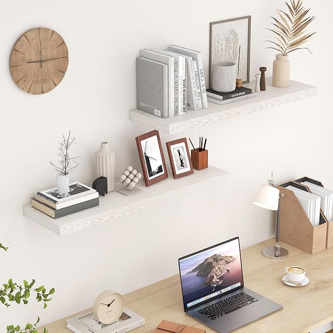 Fun Memories Floating Shelves for Wall, 36 x 9.3 Large Floating Shelf Wall Mounted Set of 2, Rustic Wood Shelves for Bathroom, Kitchen, Living, Heavy-Duty Storage Deep Shelf for Books, Decor, Brich