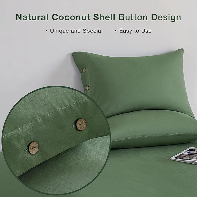 JELLYMONI Pillowcases Queen Set of 2 Cotton Button Pillow Covers 20×30in Green Bed Pillow Cases 100% Washed Cotton Soft Breathable (Pillows are not Included)