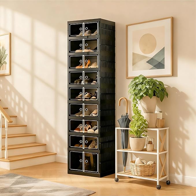 Foldable Shoe Organizer Storage Box, Portable Extra Large Folding Shoe Rack for Closet, Shoe Storage Box with Magnetic Transparent Door and Wheels, 9 Layers 18 Grids with 2 Big Grids