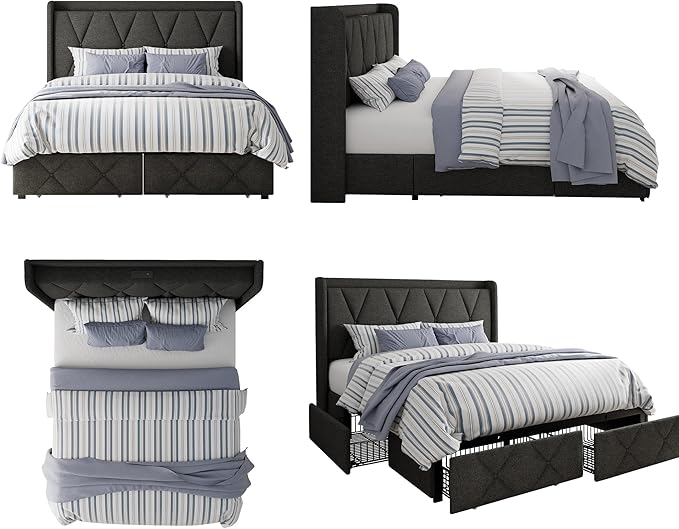 Full Size Bed Frame with 4 Storage Drawers, Upholstered Platform Bed with Charging Station, Modern Wingback Storage Headboard, Easy Assembly,Noise-Free, Dark Gray
