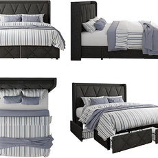 Full Size Bed Frame with 4 Storage Drawers, Upholstered Platform Bed with Charging Station, Modern Wingback Storage Headboard, Easy Assembly,Noise-Free, Dark Gray