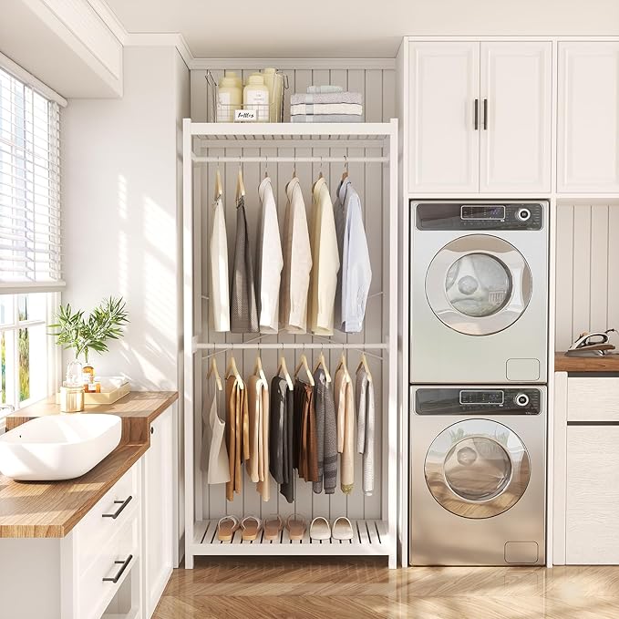 Homykic Bamboo Clothes Rack with Shelves and Double Hang Rods, Portable Closet System Garment Rack for Hanging Clothes, Tall Clothing Rack Corner Closet Organizer, Easy to Built, Freestanding, White