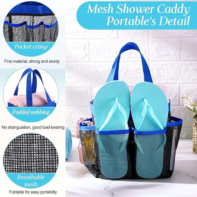 8 Packs Mesh Large Shower Caddy Portable with 8 Pockets and Handles Quick Dry Shower Bags Hanging Bath Bag Dorm Room College Essentials for Bathroom Gym Camp(Blue)