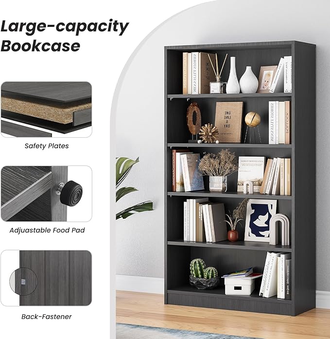 Farini 5 Shelf boockase Display Bookcase Freestanding Wooden Bookshelves for Home Office Living Room,60 Inch Height,Grey