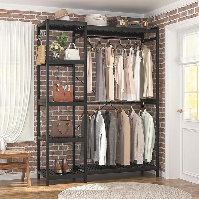 Homykic Bamboo Clothes Rack Garment Rack for Hanging Clothes, Heavy Duty Clothing Rack with 7 Tiers Adjustable Shelves, Double Rods, 4 Hooks, Freestanding Closet System Organizer Wardrobe, Black