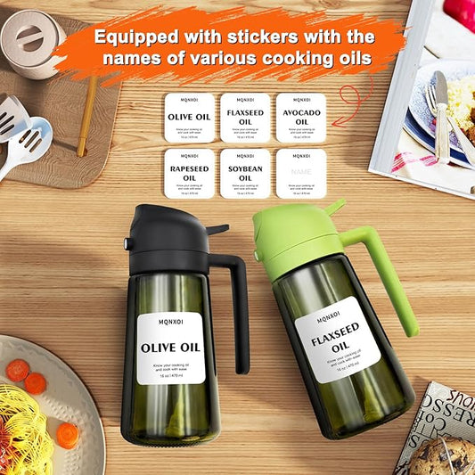 2 in 1 Glass Oil Sprayer & Dispenser,16oz/470ml Olive Cooking, Air Fryer, and Salad, for Kitchen Gadgets and Air Fryer Accessories, w/Stickers (Black + Dark Green Bottle 2)