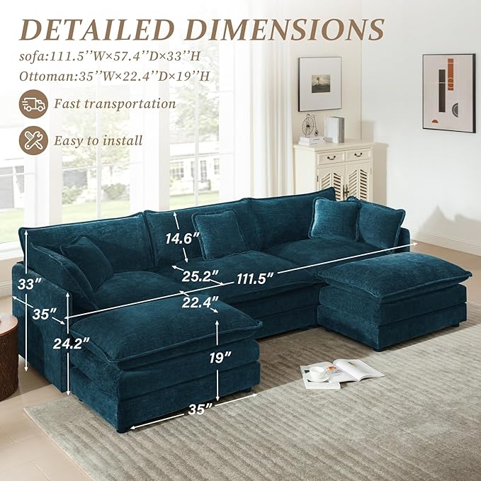 SoarFlash Chenille Sectional Sofa, Comfy L Shaped Modular Coush Sofa with Ottoman, Modern 3 Seat Couch Deep Seat Sofa Set for Living Room,Deep Blue