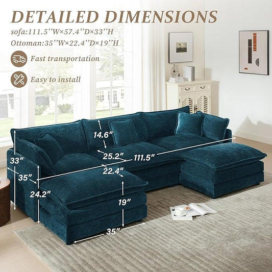 SoarFlash Chenille Sectional Sofa, Comfy L Shaped Modular Coush Sofa with Ottoman, Modern 3 Seat Couch Deep Seat Sofa Set for Living Room,Deep Blue