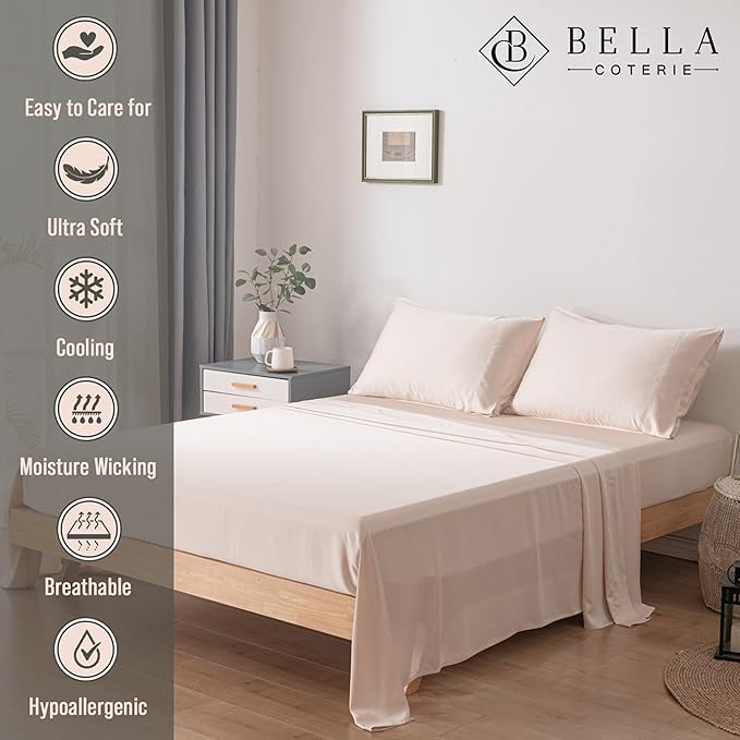 Bella Coterie Luxury Bamboo Viscose 34” Split Top King Size Sheet Set | 1 Fitted Sheet for Sleep Number & Adjustable Beds | 100% Organically Grown | Cooling & Soft | 18” Deep Pocket [Champagne] BC