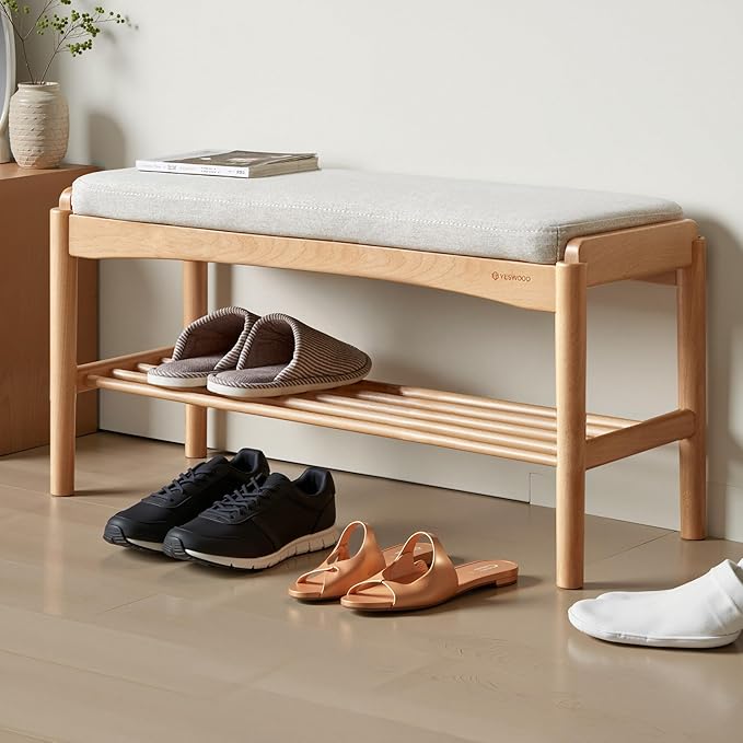 Solid Wood Shoe Bench Assembled, Shoe Rack Bench with Cushion for Entryway, Living Room, Bedroom, Hallway, 11.8" x 31.5" x 16.5", Natural