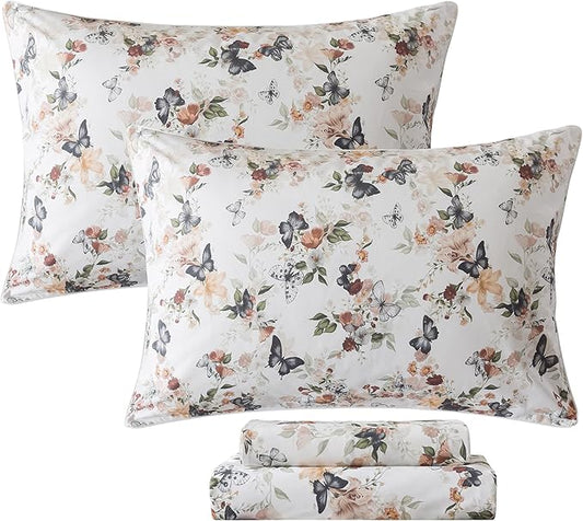 FADFAY Butterfly Sheets Set Queen Watercolor Floral Bed Sheets Set Vintage Botanical Bedding Shabby Rustic Leaves Bedding Collections 100% Percale Cotton Breathable Soft Deep Pocket 4Pcs, Queen Size