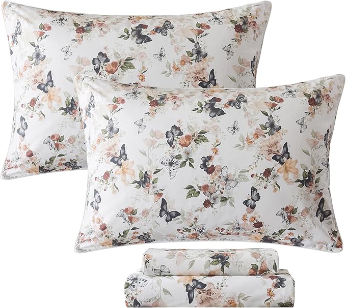 FADFAY Butterfly Sheets Set King Watercolor Floral Bed Sheets Set Vintage Botanical Bedding Shabby Rustic Leaves Bedding Collections 100% Percale Cotton Breathable Soft Deep Pocket 4Pcs, King Size