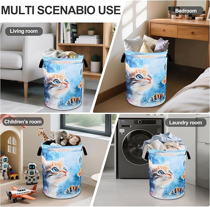 Cute Cat Laundry Basket Foldable Oxford Cloth Tote Bag Laundry Hamper Clothes Storage Bucket Organizer For Bathroom/Laundry Storage/Bedroom 19.6x15.7 Inch