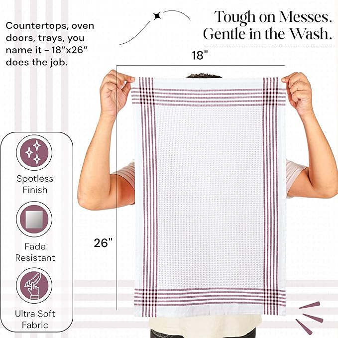 Burgundy and White Waffle Kitchen Towels 3 Pack, 100% Cotton, 16x26 Inch, Absorbent, Quick Dry, Durable Dishcloths for Wiping, Cleaning, Machine Washable, Kitchen, and Cooking Use